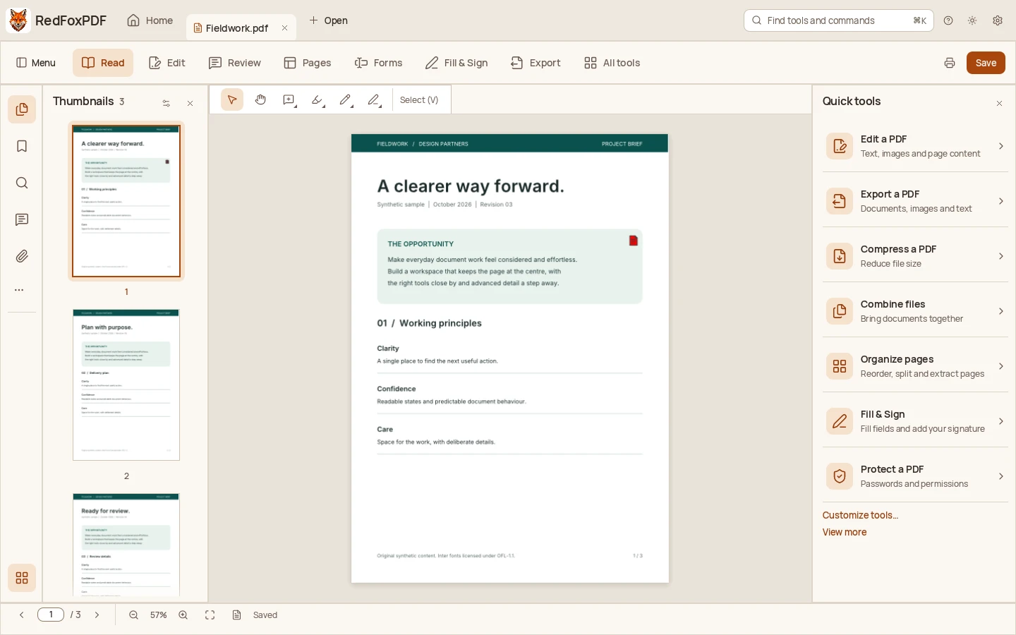 RedFoxPDF development workspace with page thumbnails, a synthetic project brief and a Quick tools panel